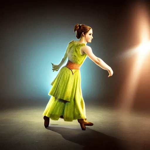 Prompt: Emma Watson dancing with shrek, illuminated by a dramatic light, Low key lighting, light dark, High constrast, dramatic , flash studio, norman rockwell, craig mulins ,dark background, high quality,photo-realistic, 8K
