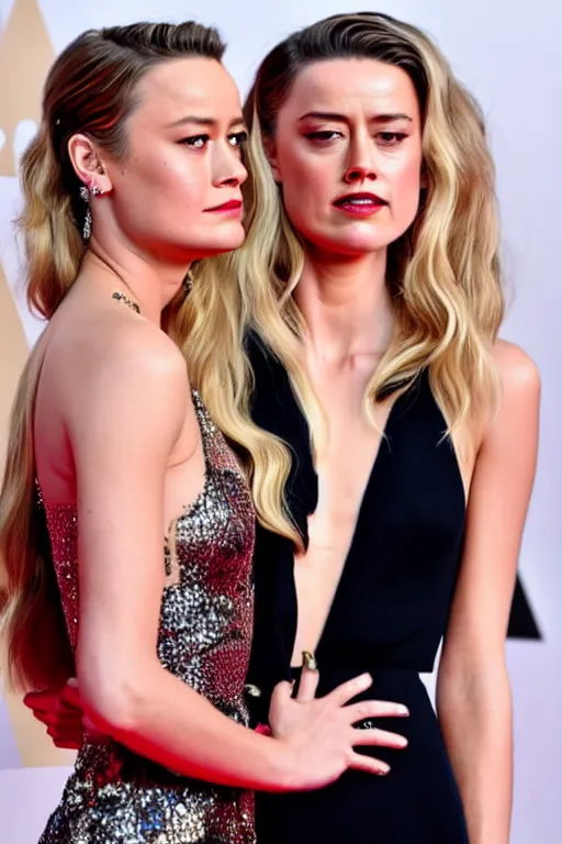 Prompt: brie larson and amber heard holding hands on the red carpet, beautiful detailed faces