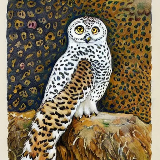 Prompt: leopard snowy owl with cat tail and four paws, gryphon, Louis William Wain watercolor, fantasy