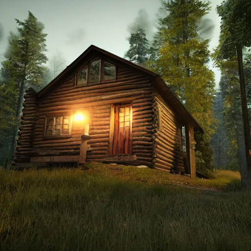 Image similar to a cabin in the woods made in unreal engine 5, 4k, high detail, high-resolution photograph, professional photography, ultra-detail