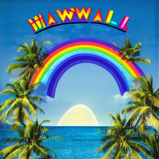 Prompt: miracle musical Hawaii part ii album cover, showing an ocean in the background, spiral transparent stairs on the left with tall palm trees behind it, a slight rainbow in the background, white outline border, moon in the right top area black and white except for the rainbow album cover rainbow text in the center reading Hawaii part ii, 80s Japanese