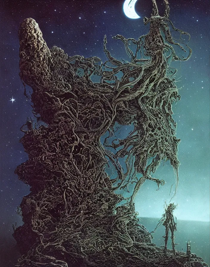 Prompt: the intricate detailed dark spaces between the stars dripping with cosmic terror by michael whelan