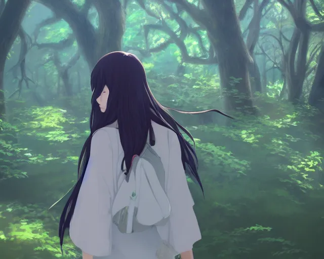 Prompt: a girl with two wings on her back in a forest. By Makoto Shinkai, trending on ArtStation, digital art.