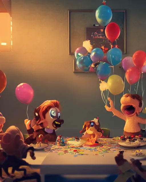 Image similar to pals have a birthday party, hyper realism, cinematic shot, epic composition, fine details, octane render, unreal engine, 8 k, depth of field, concept art, digital art, deviantart artstation, extremely detailed, very sharp,