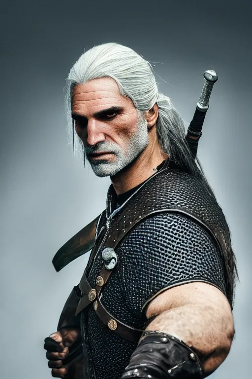 Image similar to portrait of geralt of rivia, 5 5 mm lens, professional photograph, times magazine, serious, stern look