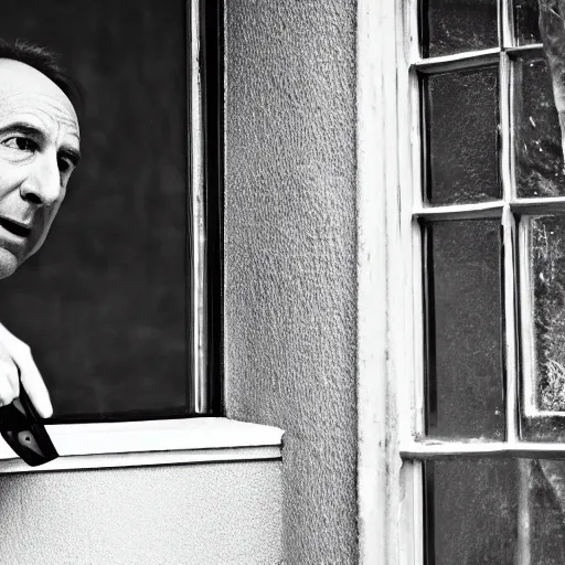 Prompt: Saul Goodman breaking the glass of a front door, night, black and white