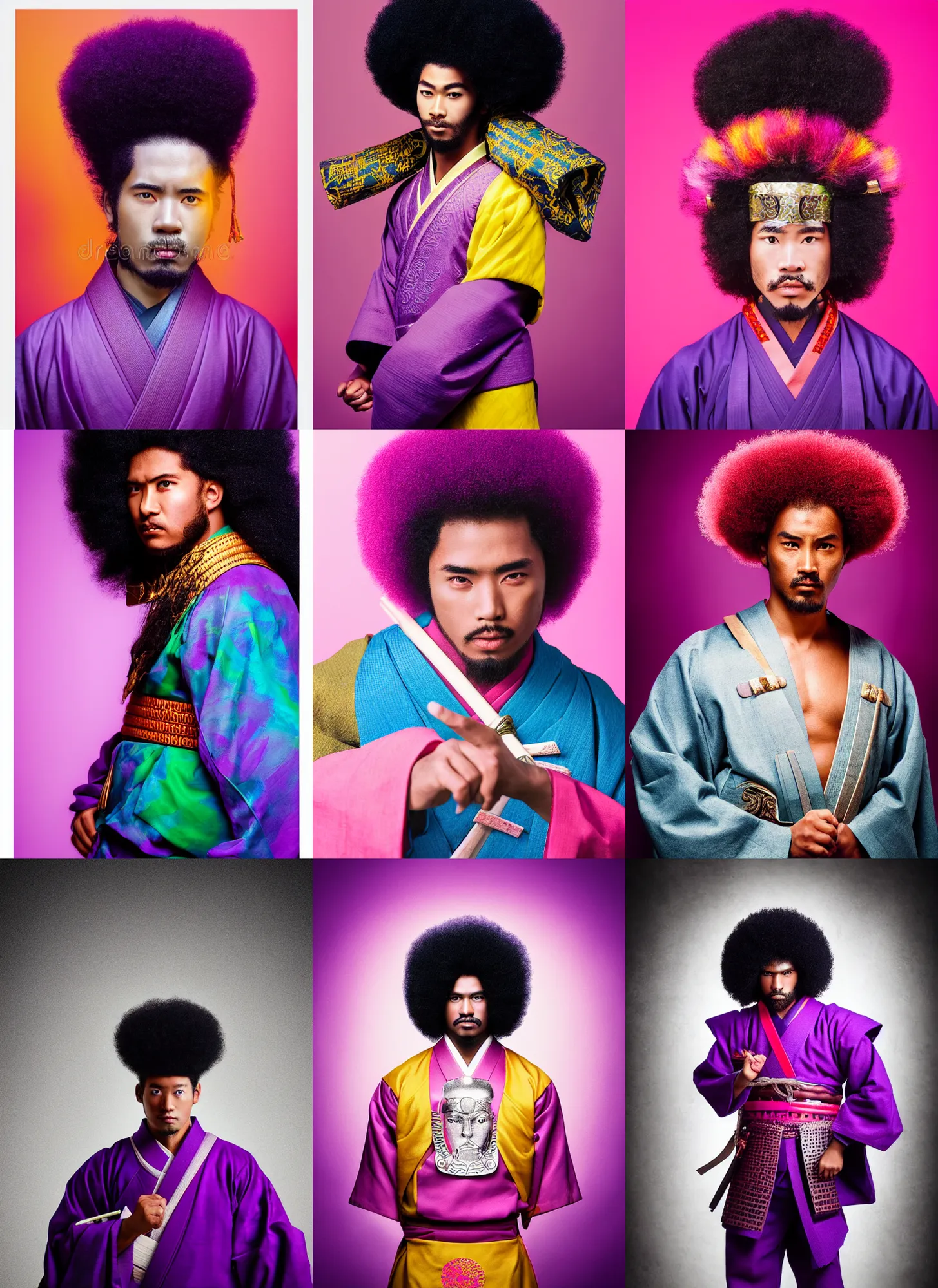 Prompt: portrait of a sterness male samurai with large afro, in 7 0 s bright fashion violet style, studio lighting, advertising, dramatic colorful lighting, zeiss