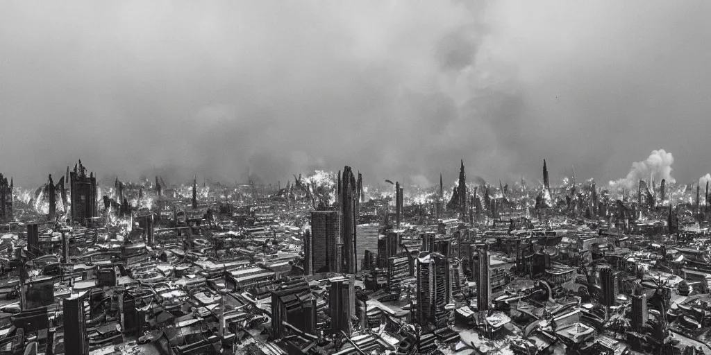 Prompt: dieselpunk city skyline, huge fires everywhere, aerial view, wide shot, 120 black and white film