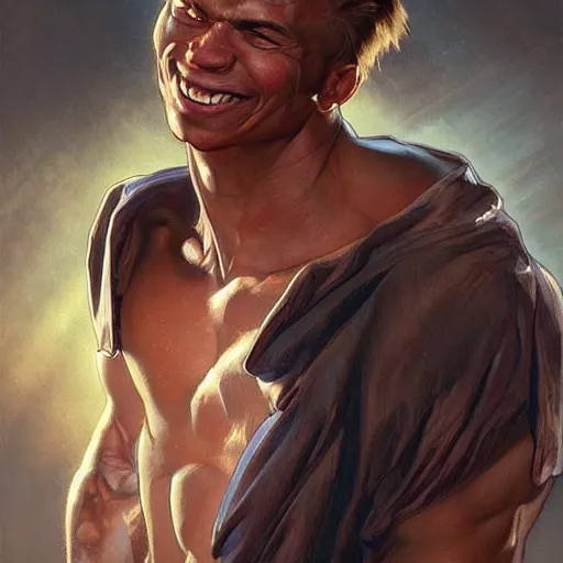 Image similar to character concept, portrait, symmetrical head - on centralized, laughing young man with strong body. detailed, high quality, dynamic lightning, fantasy, scenematic. artwork by artgerm, wlop, alex ross, greg rutknowski, alphonse mucha