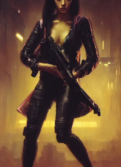 Image similar to Nikki Tanaka. Cyberpunk hitwoman in futuristic clothes (blade runner 2049, cyberpunk 2077). Orientalist portrait by john william waterhouse and James Gurney and Theodore Ralli and Nasreddine Dinet, oil on canvas. Cinematic, hyper realism, realistic proportions, dramatic lighting, high detail 4k