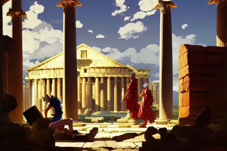 Prompt: anime key visual of the roman empire world conquest, great greek pantheon, divine right, style of jamie wyeth james gilleard edward hopper greg rutkowski acrylic painting, preserved museum piece, historical