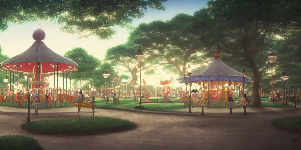 Prompt: at a merry - go - round park, evening, detailed matte painting, low angle view, telephoto lens, bokeh, hayao miyazaki, studio ghibli, artstation