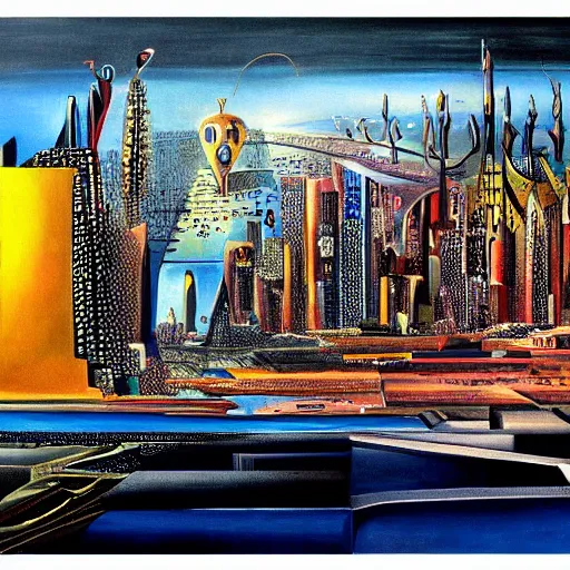 Image similar to a painting of cyberpunk city, salvador dali style