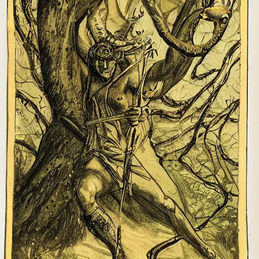 Prompt: a ancient hunter creeping through woods filled with large trees and vines, holding a bow and arrow, wearing animal skin clothing, in the style of guy denning