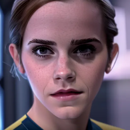 Image similar to Emma Watson in Star Trek, XF IQ4, f/1.4, ISO 200, 1/160s, 8K, Sense of Depth, color and contrast corrected, NVIDIA NGX, Dolby Vision, symmetrical balance, in-frame