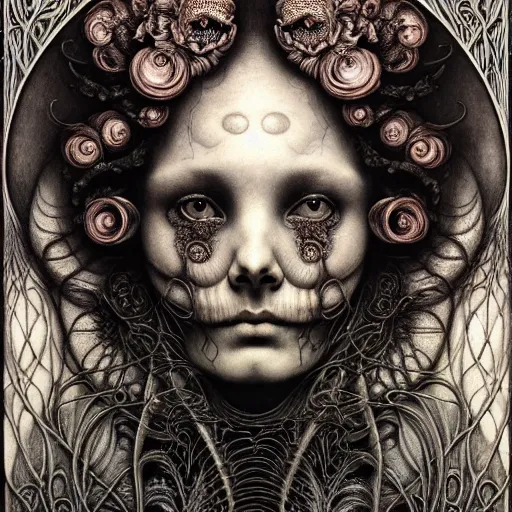 Image similar to detailed realistic beautiful calaveras death goddess face portrait by jean delville, gustave dore, iris van herpen and marco mazzoni, art forms of nature by ernst haeckel, art nouveau, symbolist, visionary, gothic, neo - gothic, pre - raphaelite, fractal lace, intricate alien botanical biodiversity, surreality, hyperdetailed ultrasharp