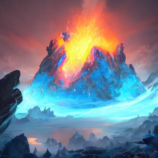 Image similar to blue glacier volcano eruption, blue glacier volcano eruption, blue glacier volcano eruption, ice cold blue theme, bright masterpiece artstation. 8 k, sharp high quality artwork in style of jose daniel cabrera pena and greg rutkowski, concept art by tooth wu, blizzard warcraft artwork, hearthstone card game artwork