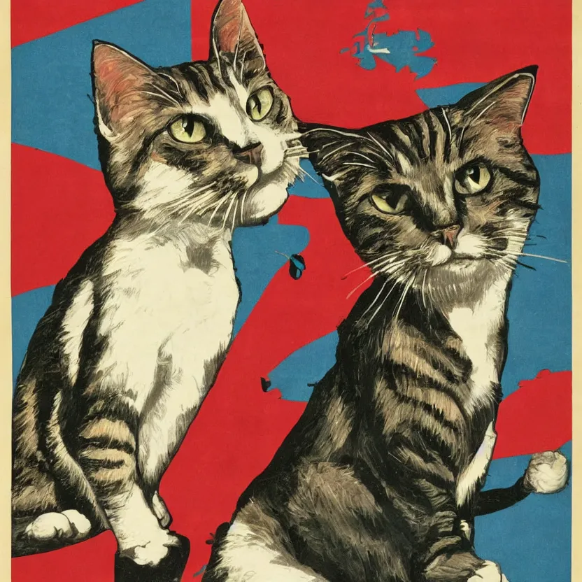 Image similar to propaganda poster with a cat as the centerpiece