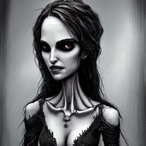 Image similar to michael karcz grunge drawing of natalie portman. , in the style of corpse bride, loony toons style, horror themed, detailed, elegant, intricate, trending on artstation, 4k