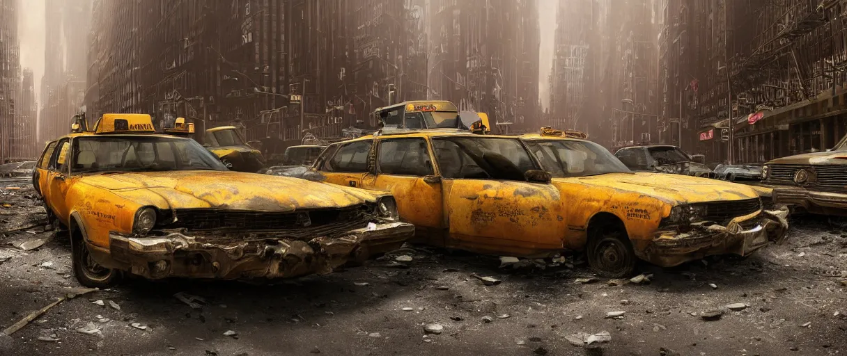 Prompt: A beautiful hyper realistic ultra detailed lifelike matte painting of a close-up front view shot of a scruffy Timber Wolf standing in the middle of a New York City street at night in an abandoned post-apocalyptic New York City with abandoned cars and yellow taxis on fire and crumbling buildings, unreal engine, deviantart, flickr, artstation, octane render, textured, colorful, extreme realistic detail, physically based rendering, pbr render, very detailed, volumetric lighting, detailed lighting, octane render, 4k, cinematic lighting, 8k resolution