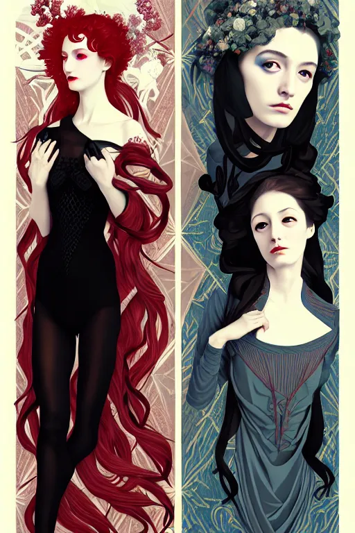 Image similar to 3 winter muses, triad of december, january and february, style mix of æon flux, shepard fairey, botticelli, john singer sargent, pre - raphaelites, shoujo manga, harajuku fashion, stark landscape, muted dark colors, superfine inklines, ethereal, 4 k photorealistic, arnold render