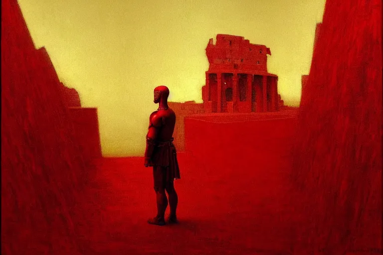 Image similar to only with red, caesar after war, a red tiger, in hoc signo vinces, rome in background, an ancient path, in the style of beksinski, part by hopper, part by rodcenko, part by hofbauer, intricate composition, red by caravaggio, insanely quality, highly detailed, masterpiece, red light, artstation