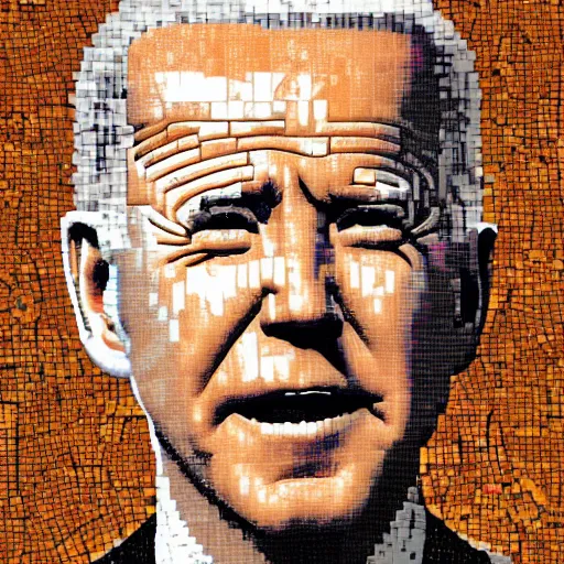 Image similar to portrait mosaic of joe biden with robot ears and eyes, 4k, intricate details, digital, sun in the background