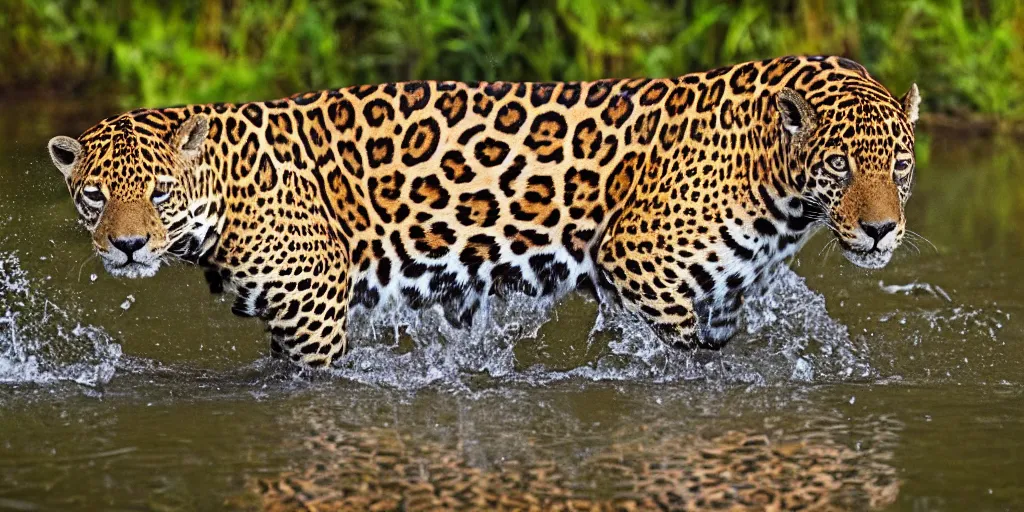 Prompt: photo of beautiful jaguar crossing a river, in the style of national geographic, capybaras, lush jungle, amazon, sunset
