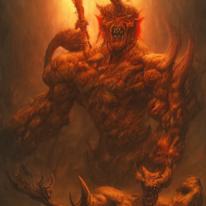 Prompt: horned demon berserker in hyperdetailed hell armor, muscular body, demon, balrog, beksinski, trending on artstation