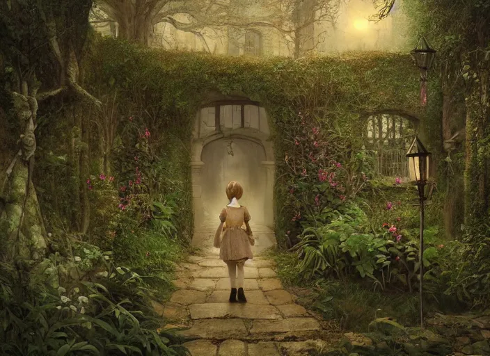 Prompt: secret garden, pathway, girl walking, spooky, dark, in the style of pan's labyrinth movie, hyperrealistic, concept art, matte painting, artstation, caspar friedrich, wlop