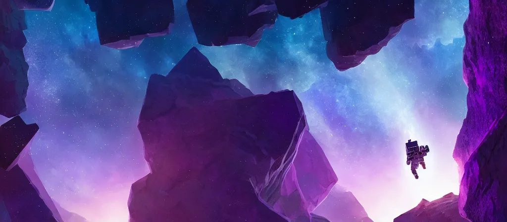 Image similar to astronaut on purple [ [ [ crystal ] ] ] caves, amethyst, beautiful dynamic lighting, nebula sky, cinematic, wide angle establishing shot, extremely high detail, photo realistic, cinematic lighting, matte painting, interstellar, greg rutkowski, roger deakins