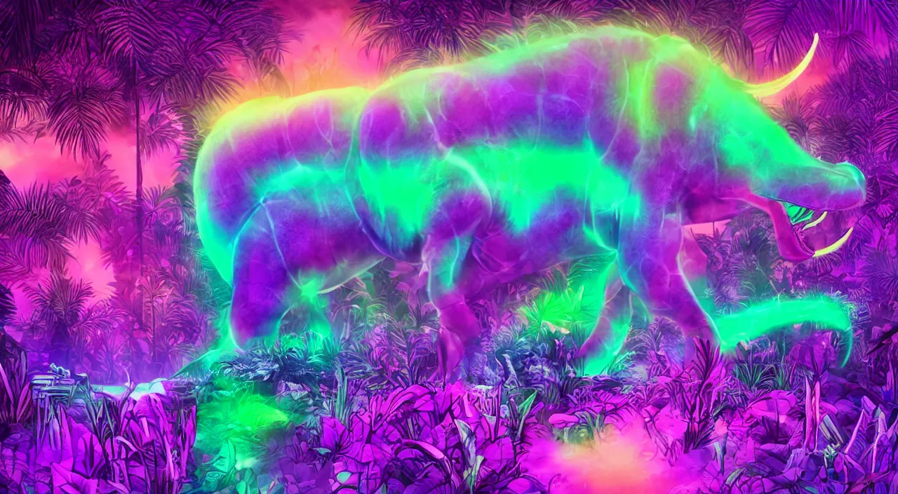 Image similar to spectral purple neon dinosaur, spectral neon pink dinosaur, spectral yellow neon dinosaur, green jungle background, detailed, ultrawide landscape