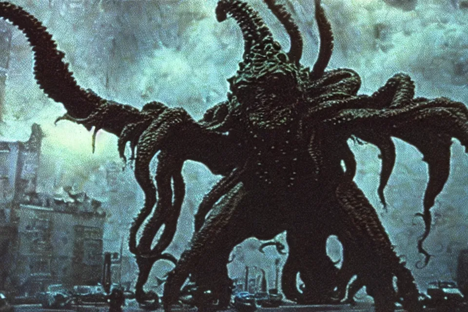 Image similar to still image taken from sci fi horror movie of a cthulhu attacking a city. low camera angle. color photograph, 1 9 7 0 s.