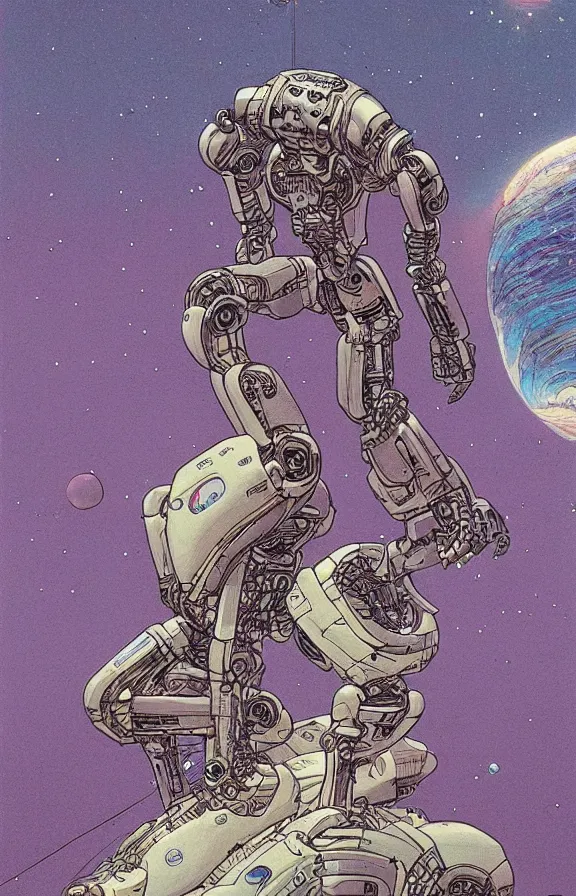 Prompt: Artwork by moebius and oscar chichoni, A depressive colossal robotic alien ascending into the infinite universe