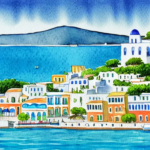 Prompt: watercolor illustration of a greek-inspired tropical island with a coastal port city, with white and blue buildings