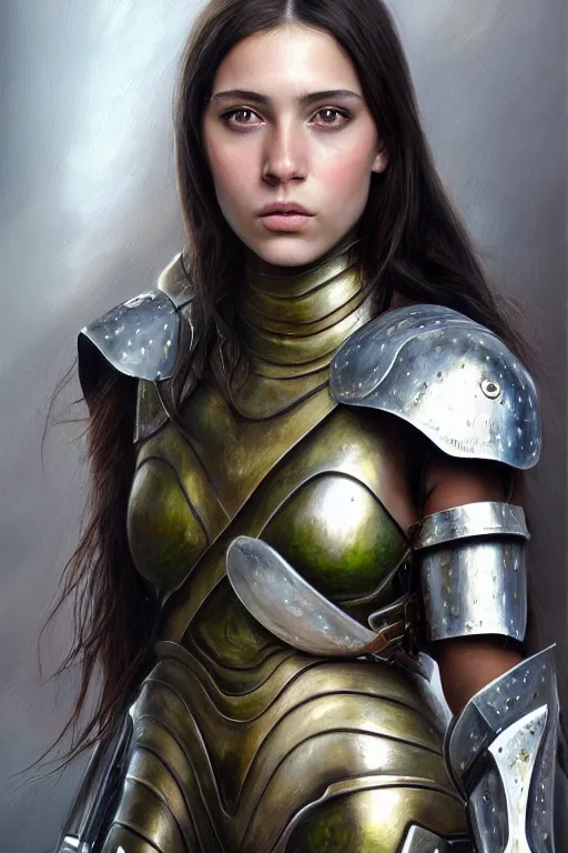 Image similar to a photorealistically painted portrait of an attractive young girl, partially clothed in metal-plated battle armor, with an abstractly painted background, flawless olive skin, fair complexion, long dark hair, beautiful bone structure, perfectly symmetric facial features, perfect photorealistic eyes, natural physique, intricate, elegant, digital painting, concept art, finely detailed, beautifully illustrated, sharp focus, minimal artifacts, volumetric lighting, from DOOM and Halo, by Ruan Jia and Mandy Jurgens and Artgerm and William-Adolphe Bouguerea, in the style of Greg Rutkowski, trending on Artstation, award winning art