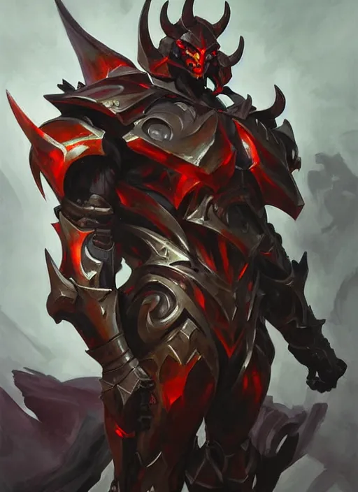 Image similar to Greg Manchess portrait painting of a demonic, devil armored character from league of legends, full shot, asymmetrical, profile picture, Organic Painting, sunny day, Matte Painting, bold shapes, hard edges, street art, cybernetic, metalic, robotic, trending on artstation, by Huang Guangjian and Gil Elvgren and Sachin Teng