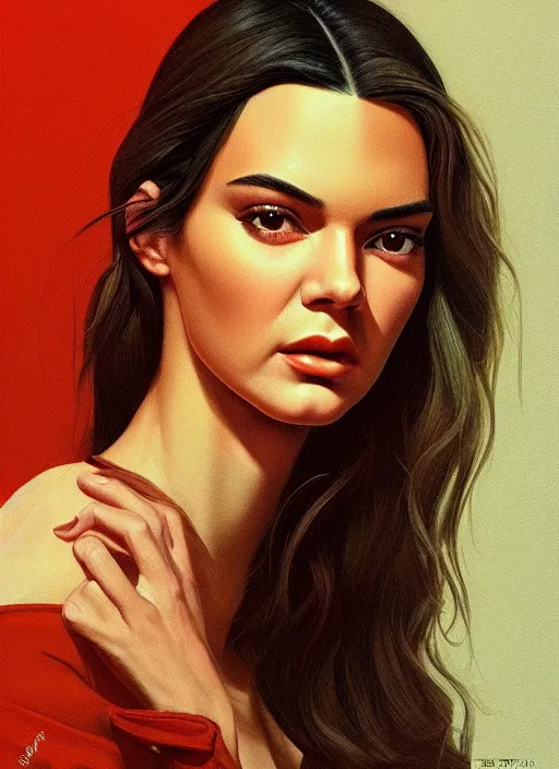 Prompt: twin peaks movie poster art, portrait of kendall jenner, from scene from twin peaks, clean, simple illustration, nostalgic, domestic, highly detailed, digital painting, artstation, concept art, smooth, sharp focus, illustration, artgerm, donato giancola, joseph christian leyendecker, wlop