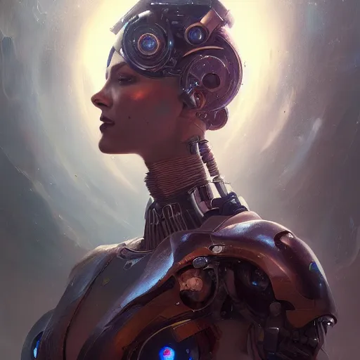 Image similar to a beautiful portrait of a cyborg goddess, a detailed painting by greg rutkowski and raymond swanland, featured on cgsociety, fantasy art, detailed painting, artstation hd, photorealistic