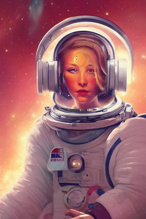 Prompt: a poster design of a portrait of a female blonde astronaut wearing headphones in space, universe, cyberpunk, warm color, Highly detailed labeled, poster, peter mohrbacher, featured on Artstation