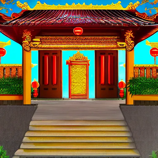 Image similar to vietnamese temple scene, 2 d game art background, level design, in style of lam manh