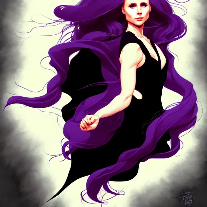 Image similar to style artgerm, joshua middleton, dean cornwell, beautiful kristen bell with black dress, very long white hair, symmetrical face, symmetrical eyes, purple fire powers fire swirling, detailed, forest setting, cinematic lighting