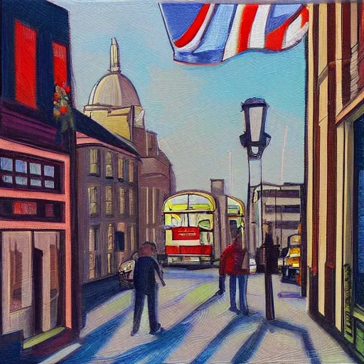 Prompt: streetscape of London, art by Carlo Stanga