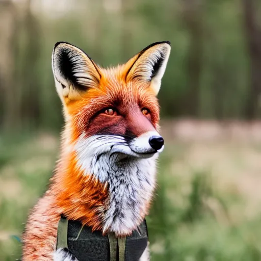 Prompt: a fox animal dressed in a modern american military soldier uniform, 8 5 mm f / 1. 4