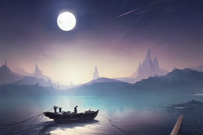 Prompt: a highly detailed matte painting of a fishing boat on lake under moon and stars by studio ghibli, makoto shinkai, by artgerm, by wlop, by greg rutkowski, volumetric lighting, cyberpunk, octane render, 4 k resolution, trending on artstation, masterpiece