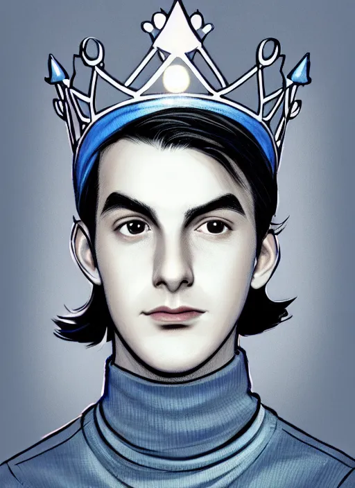 Image similar to portrait of teenage jughead jones wearing a light grey crown, crown, blue turtleneck, 1 9 5 0 s, closed eyes, photorealistic, black hair, glowing lighting, intricate, elegant, glowing lights, highly detailed, digital painting, artstation, concept art, smooth, sharp focus, illustration, art by wlop, mars ravelo and greg rutkowski