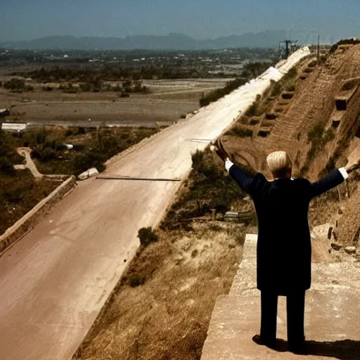 Image similar to Donald Trump standing on top of his giant wall on the Mexican border, operating a mounted MG-42 and gunning down hordes of Mexicans attempting to climb the wall