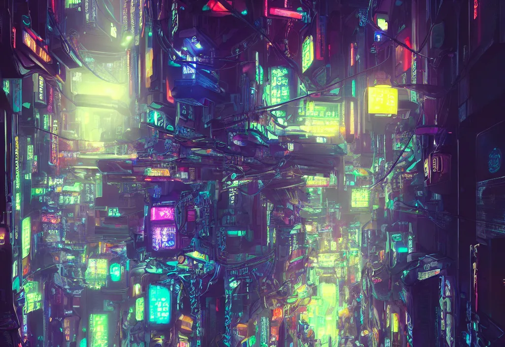 Image similar to a futuristic cyberpunk japanese izayaka alley with neon lights and lanterns, soft glow, intricate, cybernetic, viewed from above, trending on artstation, octane render, unreal engine, colorful, in the style of chris foss, rodger dean, moebius, michael whelan, and gustave dore