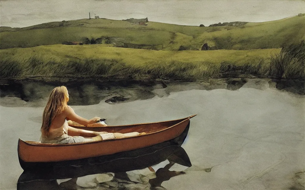 Image similar to “ a girl sitting in canoe on a river drinking beer, by andrew wyeth ”