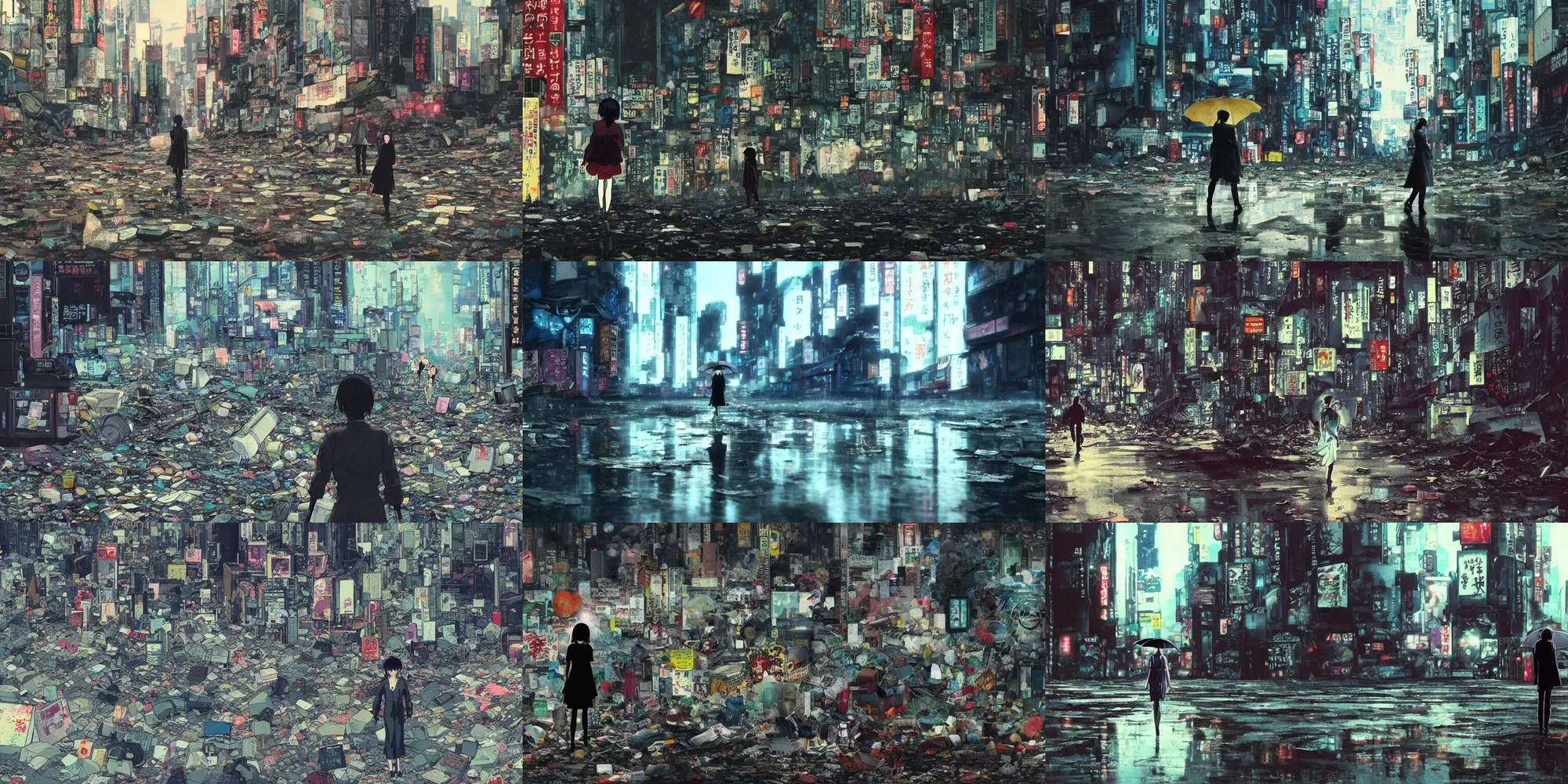 Prompt: incredible wide screenshot, ultrawide, paper texture, katsuhiro otomo ghost in the shell movie scene, backlit distant shot girl in a park, dark wet road, black parasol in deserted trash pile night shinjuku junk town, broken vending machines, smashed wall, bold graffiti, black road, reflection puddles, thick fog, dark vignette